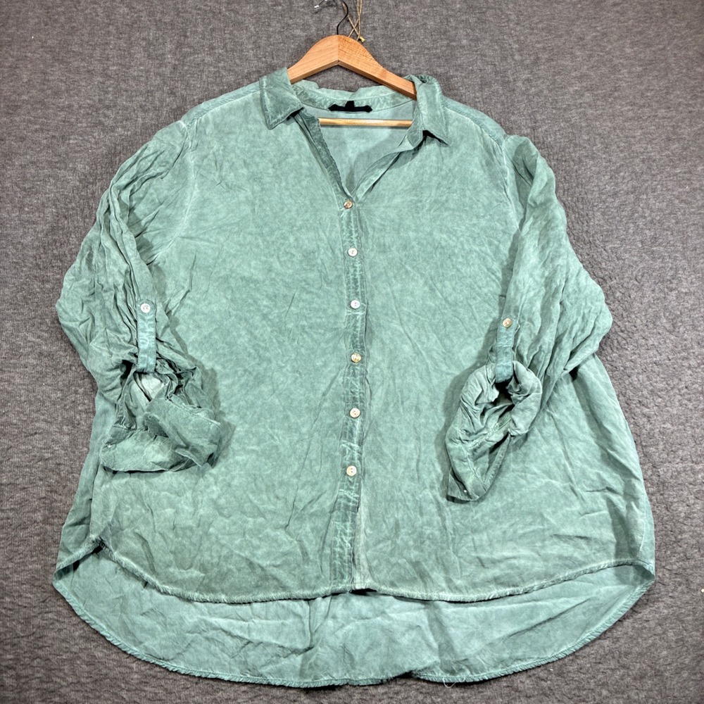 Jane + Delancey Button Down Shirt Women 2XL Green Roll Tab Long Sleeve Rayon